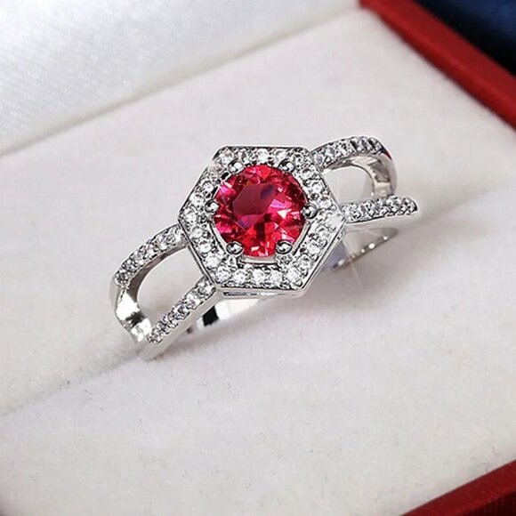 Kiara Grace Womens Size 6 Rosy Red Hexagon Framed Crystal Silver Ring Gift Boxed - Picture 10 of 10